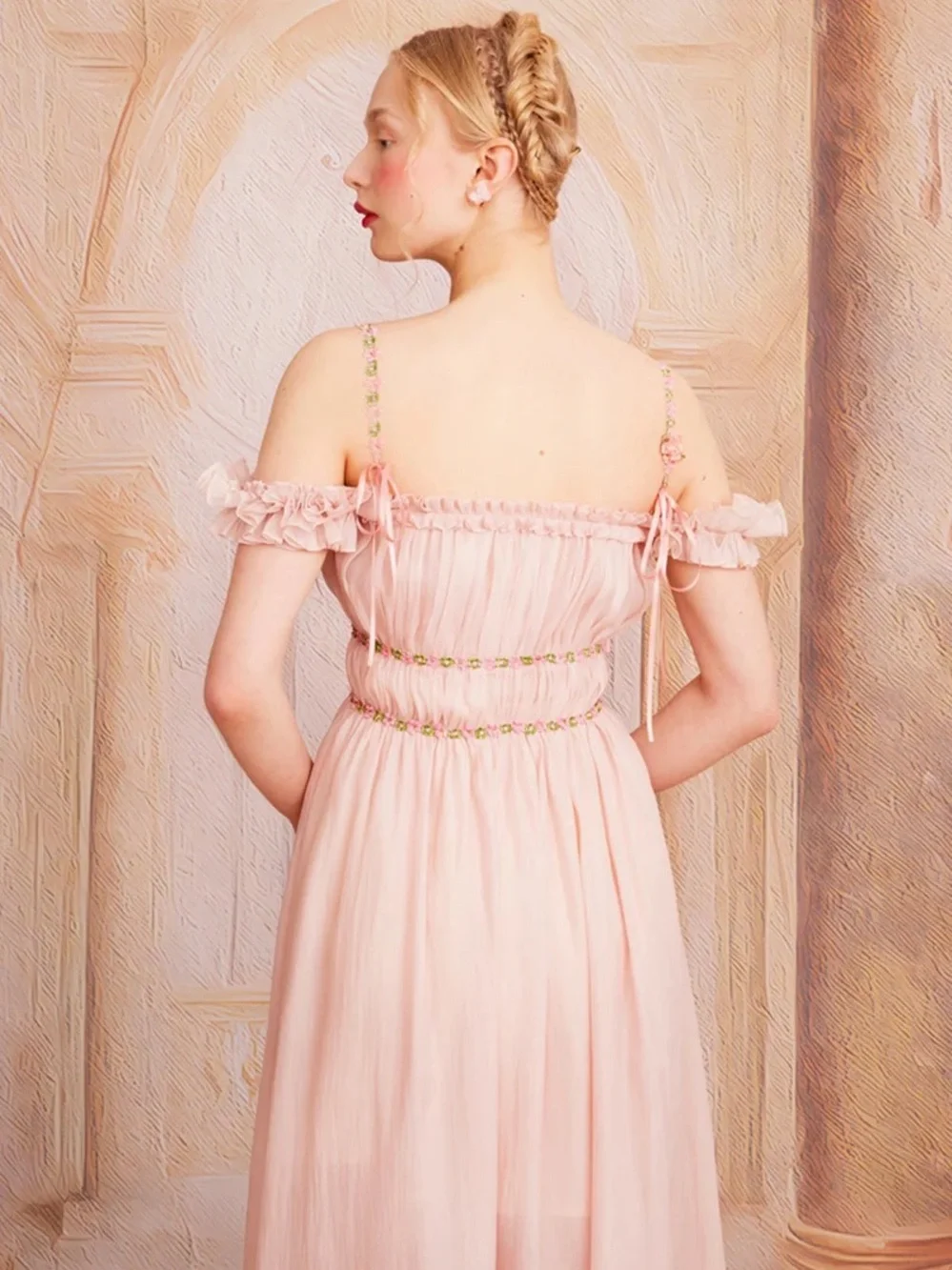 Blush Pink Off-Shoulder Dress with Floral Trim (Aurora Lacemade new with tag) - Picture 5 of 5